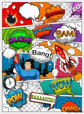 Comic book page divided by lines with speech bubbles, rocket, superhero and sounds effect. Retro background mock-up.