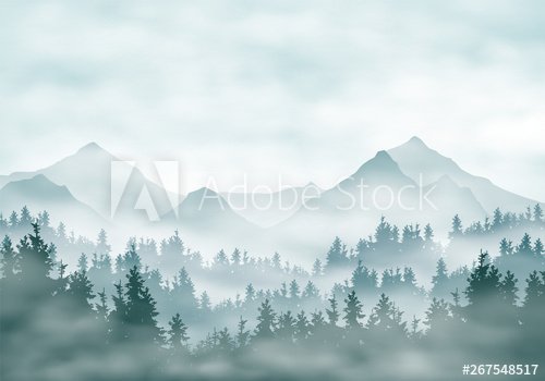 Realistic illustration of mountain landscape silhouettes with forest and coni... - 901157078