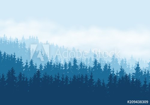 Realistic illustration of coniferous forest under blue sky with clouds - 901157081