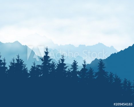 Realistic illustration of a coniferous forest in a mountain landscape in a haze under a blue sky with clouds
