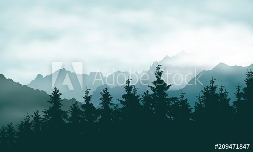 Realistic illustration of a coniferous forest in a mountain landscape in a haze under a green sky with clouds