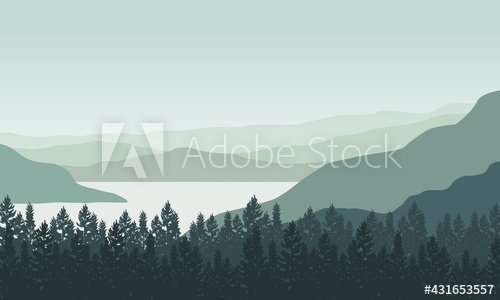 Fresh morning air with great mountain views from the riverside. Vector illustration