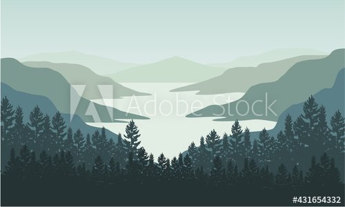 Beautiful views of the mountains from the riverbank in the morning. Vector illustration