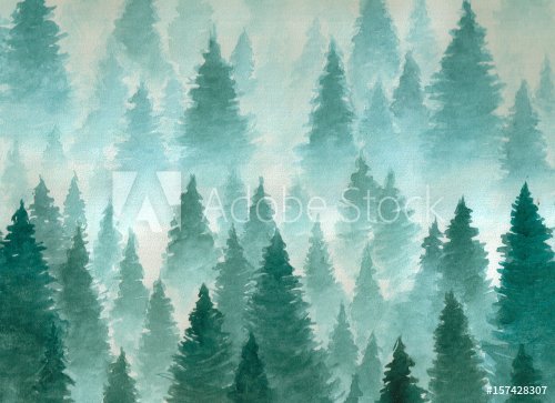 Hand drawn watercolor illustration. Landscape of cloudy, mystic , coniferous forest on ye mountaind. Cloud, fog, trees, cold, winter