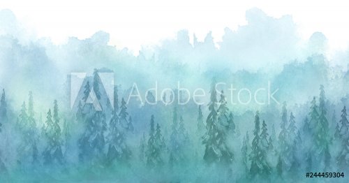 Watercolor art illustration. Drawing of the blue forest, pine tree, spruce, cedar. Dark, dense forest, suburban landscape