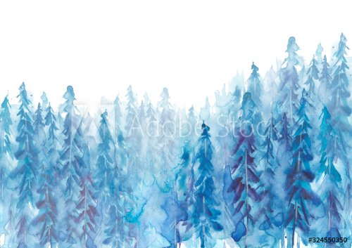 Watercolor group of trees - fir, pine, cedar, fir-tree. green forest, countryside landscape