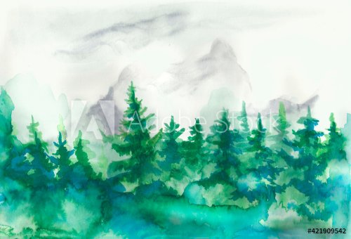 Misty spruce forest hand-drawn with watercolor markers - 901157093