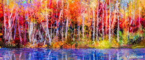 Oil painting colorful autumn trees. Semi abstract image of forest, aspen trees with yellow - red leaf and lake. Autumn, Fall season nature background
