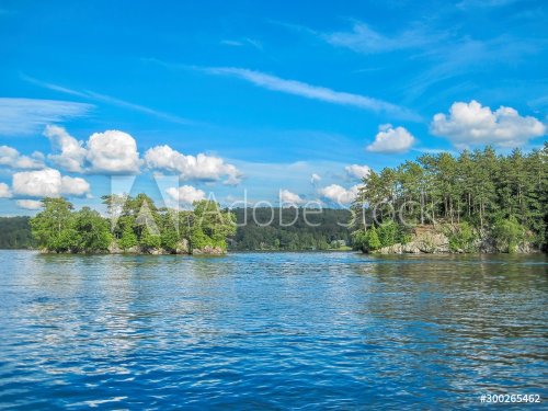 Two small forested islands on a Canadian lake on a summer day. Lake Memphrema... - 901157162