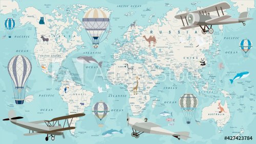Old geography travel map with regional animals and aircrafts - 901157164