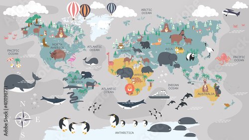 The world map with cartoon animals for kids, nature, discovery and continent ... - 901157166