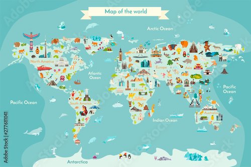 World travel map with landmarks, animals and sight of country. Vector Illustr... - 901157167