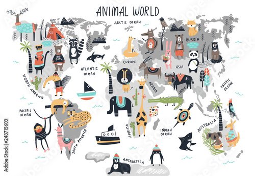 Animal World Map - cute cartoon hand drawn nursery print in scandinavian styl... - 901157169