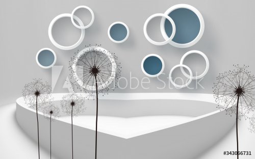 3d mural wallpaper with gray background and black dandelion , squares , circles and tree modern simple background