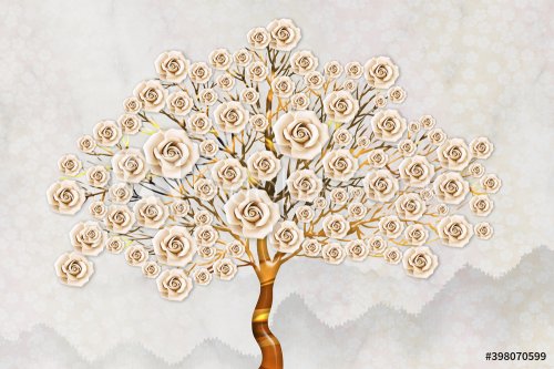 3D tree with pink roses, wood brown stump, beautiful background for wallpaper and mural . gray floral background