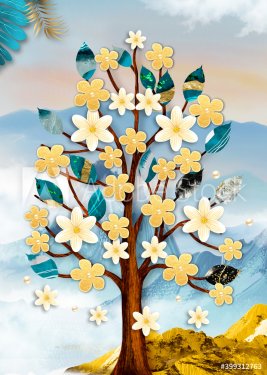 3d mural wallpaper for canvas for frames digital graphic like the impression of drawing . Branches of flowers multi-colors and simple digital landscape in background