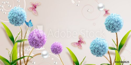 3d mural illustration light gray background with golden jewelry and flowers with silhouettes of dandelions , pearl , butterfly , green branches