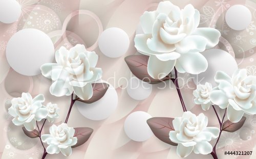 3d mural wallpaper with simple floral background . modern flowers in simple wall . white circle in light background