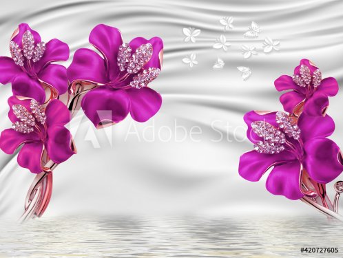 3d mural wallpaper . illustration flowers and white butterfly in silk light background