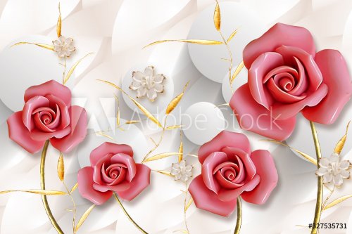 3d mural illustration background with golden pearl jewelry , butterfly and flowers , circles decorative art wallpaper