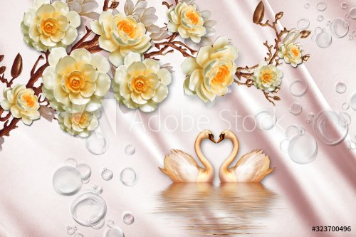 3d mural illustration Golden swan on water with decorative floral silk rose background .