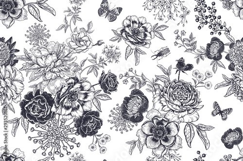 Black and white vintage seamless pattern. Flowers, beetles and butterflies. - 901157199