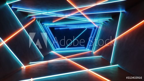 Abstract blue and red interior with neon light. Fluorescent lamp. Futuristic ... - 901157202