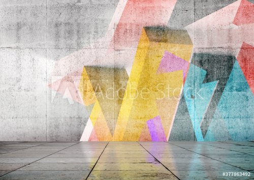 Empty room with colorful geometric graffiti, 3d - 901157204