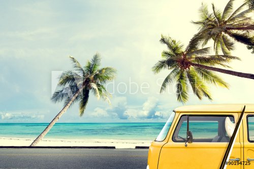 Vintage car on the beach with a surfboard - 901157220