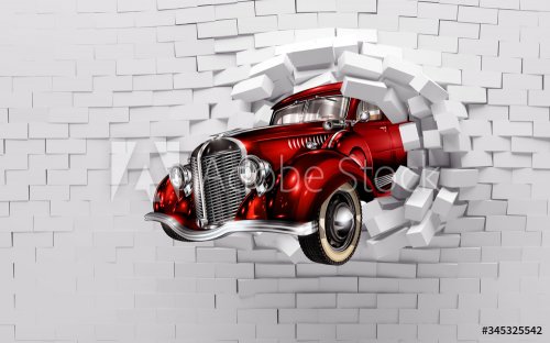 3d mural wallpaper broken wall bricks and red classic car