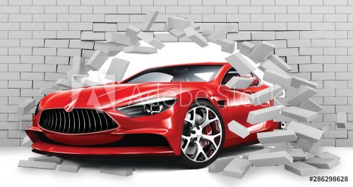 3D Auto rouge qui sort d'un mur de briques