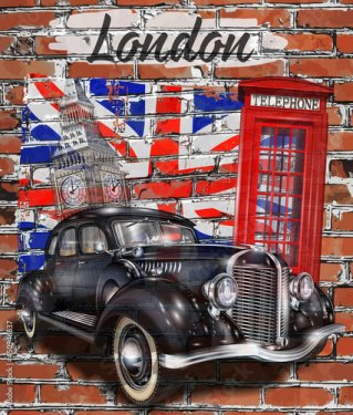 London typography with Big Ben, retro car and red phone booth. - 901157246