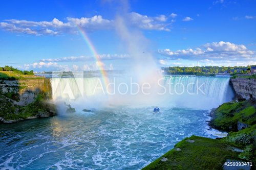 Summer view of the Canadian side of Niagara Falls with beautiful rainbow, Ontario, Canada
