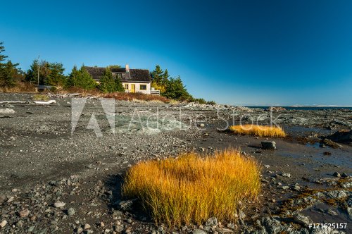 A little white house and yellow tufts of vegetation on the shore of the Saint Laurent river in Bic National Park at low tide