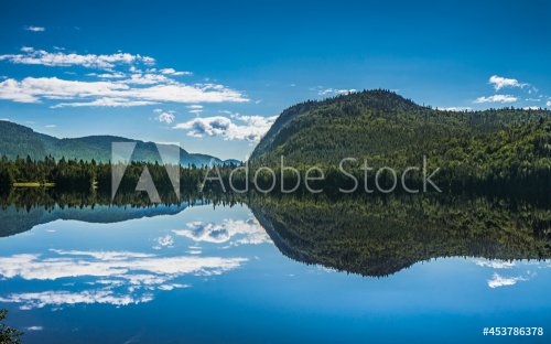 Reflet des montagnes et du ciel bleu dans les eaux calmes du lac Resimond, à Saguenay (Québec, Canada)