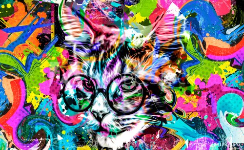 Tête de chat avec lunettes et éléments graphiques colorés