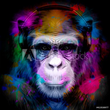 monkey head in reggae hat and eyeglasses with creative abstract elements on white background