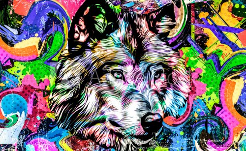 Tête de loup avec éléments graphiques colorés