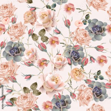 Beautiful floral vintage pattern with pastel pink and beige rose flowers - 901157375