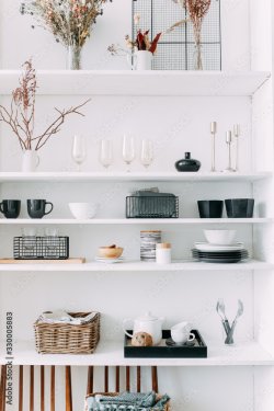 Kitchen design, white wooden shelf with various household items, decorative e... - 901157388