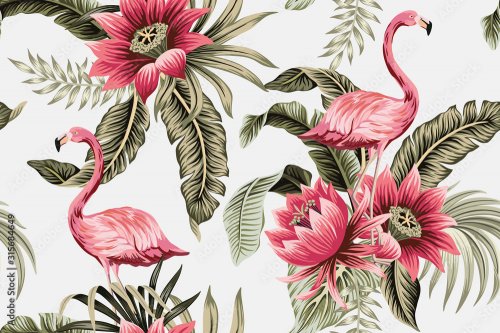 Tropical vintage pink flamingo, pink hibiscus, palm leaves floral seamless pa... - 901157400