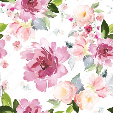 Vector seamless pattern with flower and plants in watercolor style. - 901157403