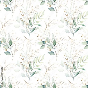 Seamless watercolor floral pattern - green leaves, branches composition on wh... - 901157407