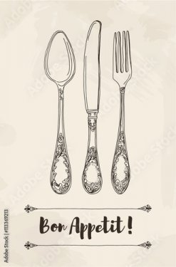 Hand drawn vector illustration of curly ornamental silver tableware, cutleryo... - 901157417