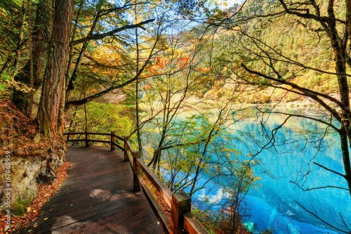 Wooden boardwalk leading along azure lake among autumn woods