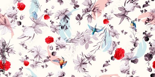 Wide seamless background floral pattern. Abstract flowers, rose, bird halcyon around on light white.