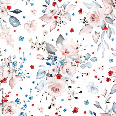 Seamless pattern with white, blue and red flowers and leaves. - 901157444