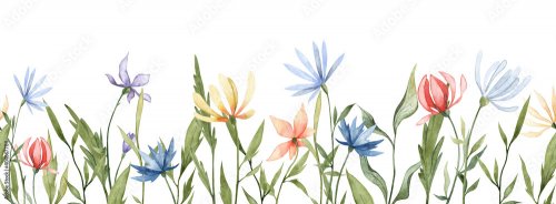 Seamless banner with hand painted watercolor flowers - 901157445