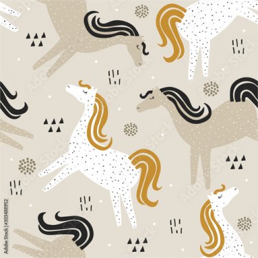 Horses, hand drawn backdrop. Colorful seamless pattern with animals.