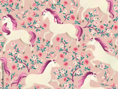 Hand drawn vintage Unicorn in magic forest seamless pattern